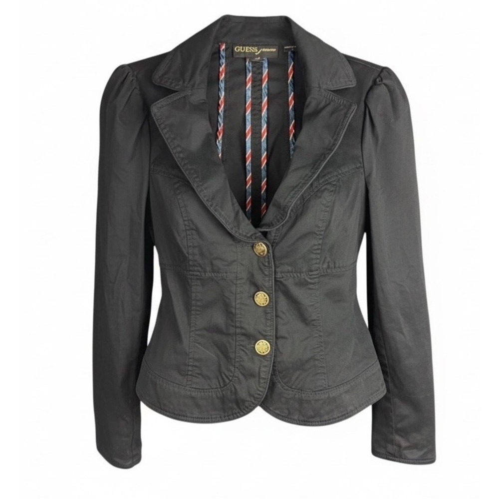 Guess Jeans Women's M Black Cropped  Puffed Sleeve Jacket Equestrian Old Money
